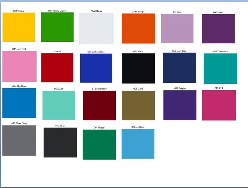 May include: A color chart with 20 different color swatches. The swatches are arranged in four rows of five. Each swatch is labeled with a number and a color name. The colors include yellow, green, white, orange, lilac, violet, soft pink, red, brilliant blue, black, dark blue, turquoise, sky blue, mint, burgundy, gold, purple, pink, silver grey, and ice blue.