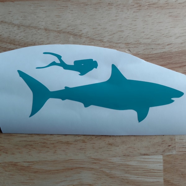 Shark and Diver Fishing Vinyl Decal 22 colors 11 sizes to choose Sticker Car Truck Phone Laptop Tumbler Window Sticker