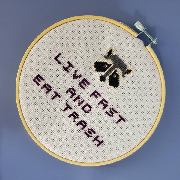 Live Fast and Eat Trash Cross Stitch, Racoon Cross Stitch, Funny Cross Stitch Complete, Racoon