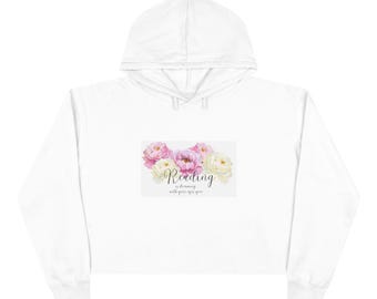 Sudadera corta con capucha del Club de Lectura Floral / Amante de los libros con acuarelas de peonías rosas