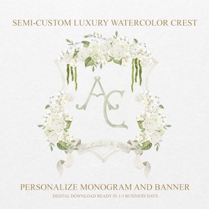 May include: A watercolor crest with white flowers and greenery surrounding a monogram of the letters "AC" in a light green color. A banner below the monogram reads "September 4, 2024". The text "SEMI-CUSTOM LUXURY WATERCOLOR CREST" appears at the top of the image. The text "PERSONALIZE MONOGRAM AND BANNER" appears at the bottom of the image. The text "DIGITAL DOWNLOAD READY IN 1-3 BUSINESS DAYS" appears below the text "PERSONALIZE MONOGRAM AND BANNER".