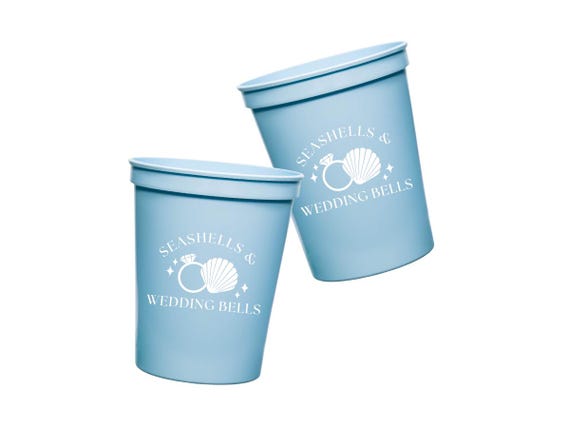 Seashells & Wedding Bells Reusable Party Cups | Seashell Light Blue Cup | Beach Bachelorette | Coastal Grandma Decor (Sold Individually)