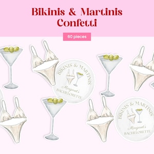 May include: A set of 60 pieces of confetti featuring watercolor illustrations of white bikinis and martini glasses with green olives. Circular confetti pieces display the text Bikinis & Martinis and Margaret's Bachelorette in a serif font.