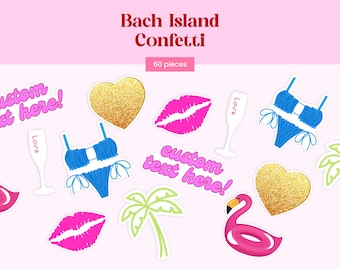 以下が含まれることがあります： Bach Islandの紙吹雪60個セット。ゴールドのグリッターハート、鮮やかなピンクの唇、青いビキニ、Loveと書かれた白いシャンパングラス、緑のヤシの木、ピンクのフラミンゴ、そしてcustom text here!と書かれたピンクの文字が含まれています。