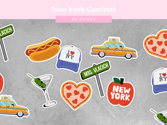 NYC Bachelorette Party Confetti: Taxi, Pizza, Martini (60 Pieces)