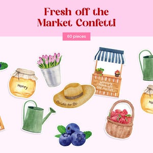 Puede incluir: Un conjunto de 60 piezas de confeti de papel estilo acuarela con ilustraciones de arándanos, tarros de miel etiquetados como Honey, tulipanes rosas en cubos de metal, sombreros de paja con la inscripción Bride to Be, regaderas y puestos.
