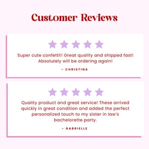 Puede incluir: Una pantalla gr&aacute;fica titulada Customer Reviews que muestra dos cajas rectangulares blancas con bordes rosas. Cada caja contiene cinco estrellas de color violeta claro y rese&ntilde;as de texto de Christina y Gabrielle sobre el producto.