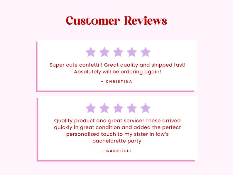 Puede incluir: Una pantalla gr&aacute;fica titulada Customer Reviews que muestra dos cajas rectangulares blancas con bordes rosas. Cada caja contiene cinco estrellas de color violeta claro y rese&ntilde;as de texto de Christina y Gabrielle sobre el producto.
