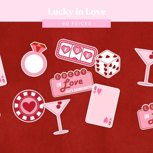Confeti de la suerte en el amor / Decoraciones para despedidas de soltera / Decoración personalizable de casino de Las Vegas en rosa y rojo (60 piezas)