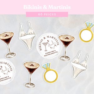 Confeti para despedida de soltera con bikinis y martinis de espresso / Decoración personalizable para bikini y martinis de café / Decoraciones de cumpleaños (60 piezas)