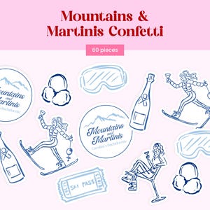 May include: A set of 60 paper confetti pieces featuring blue line art illustrations of skiers, champagne bottles, ski goggles, and circular logos with the text Mountains and Martinis Caroline's Bachelorette and a ski pass.