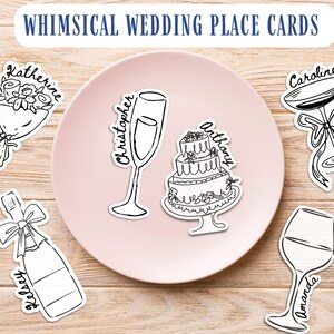 Tarjetas de lugar dibujadas a mano en cartulina de estilo caprichoso: champán, pastel, flores, martini espresso, vino y más / Tarjetas de asientos para eventos y bodas