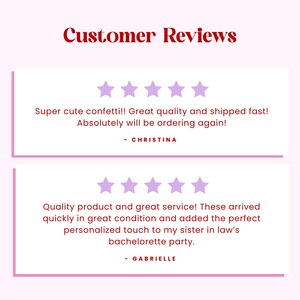 May include: A graphic display titled Customer Reviews featuring two white rectangular boxes with pink borders. Each box contains five light purple stars and text reviews from Christina and Gabrielle praising confetti and service quality.