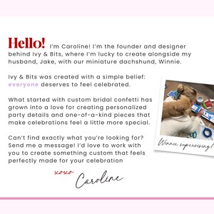 May include: A white informational card with red and black text introducing Ivy & Bits. The text reads: Hello! I'm Caroline! I'm the founder and designer behind Ivy & Bits. A small photo shows a person with a dog and the text Winnie supervising!