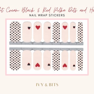 Light Cream Black & Red Polka Dots and Hearts | Nail Polish Strips | Nail Wraps | Nail Valentines | Valentine | Decoration | Queen of Hearts