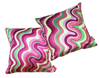 Colourful Velvet Cushion - Pink & Green Wavy - PAIR (Made To Order)