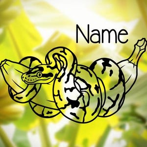 Può includere: Illustrazione stilizzata di un serpente giallo e nero avvolto attorno a una banana. La parola "Name" è sopra. Lo sfondo è un misto sfocato di giallo e verde.