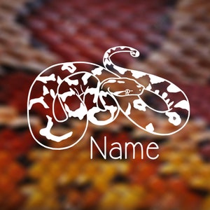 Könnte beinhalten: Weiße Linienzeichnung einer Schlange, die sich auf einem verschwommenen Hintergrund aus roten, orangen und gelben Farben zusammenrollt. Das Wort "Name" steht unter der Schlange.