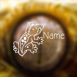 May include: A white line drawing of a gecko with black spots on a blurred background of a yellow and brown eye.