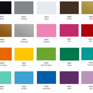 May include: A colour palette displaying a range of hues, such as black, white, brown, gold, copper, silver grey, soft pink, pink, red, light orange, yellow, lime-tree green, green, turquoise, mint, ice blue, azure blue, violet, and lilac. Each swatch has a colour code.
