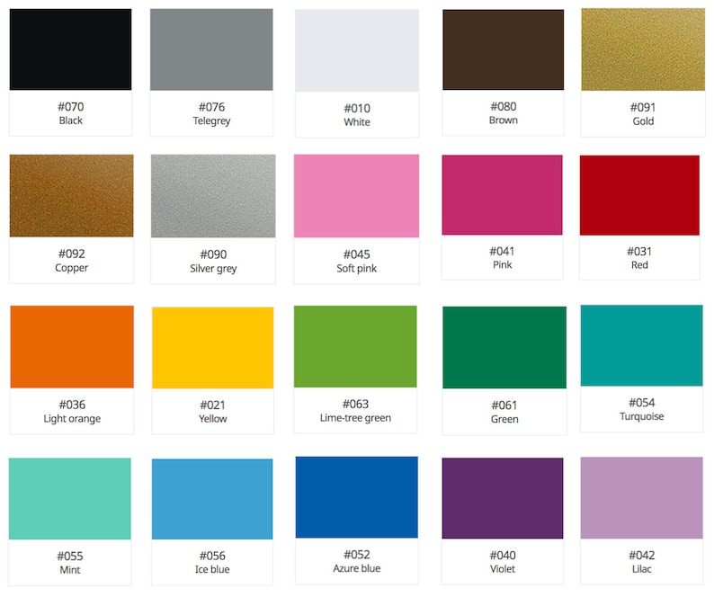 May include: A colour palette displaying a range of hues, such as black, white, brown, gold, copper, silver grey, soft pink, pink, red, light orange, yellow, lime-tree green, green, turquoise, mint, ice blue, azure blue, violet, and lilac. Each swatch has a colour code.