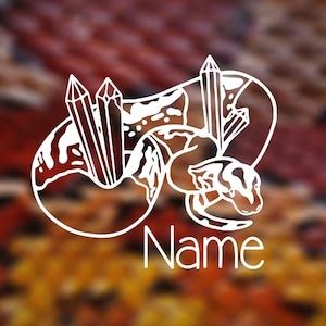 May include: A white line drawing of a snake curled around three crystals, with the word "Name" below the image.