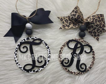 Personalized Monogram Car Charm – Cow, Leopard Print, Rear View Mirror Decor