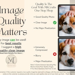 May include: Image quality matters. A graphic with the text "Image Quality Matters" and a disclaimer about using high quality images for best results. Two images of a dog are shown, one with good quality and the other with poor quality.