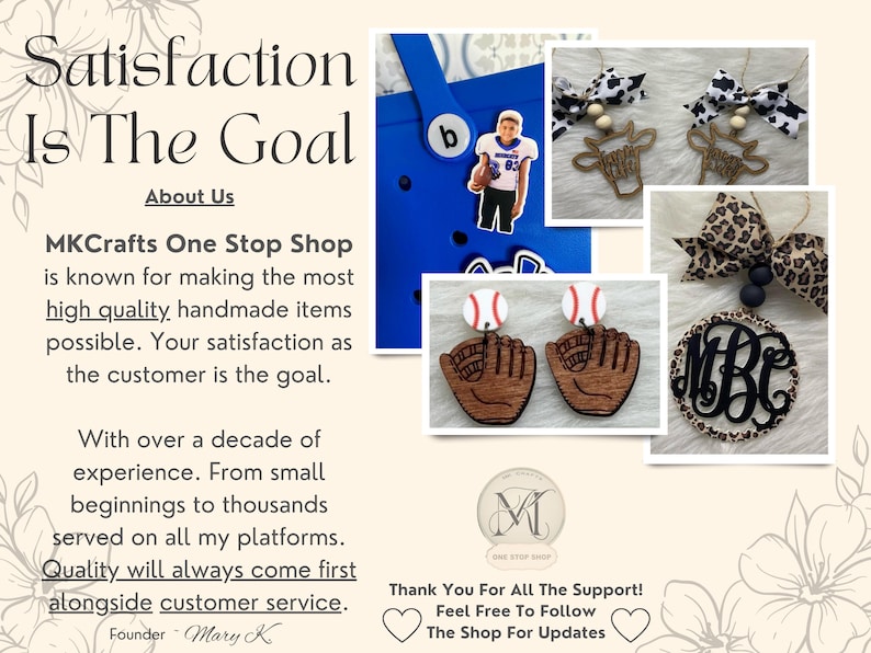 May include: A collection of handmade items including a pair of baseball-themed earrings, a pair of cow-themed earrings, a monogrammed initial pendant with a leopard print background, and a blue and white patterned tote bag. The text "MKCrafts One Stop Shop" is visible in the image.