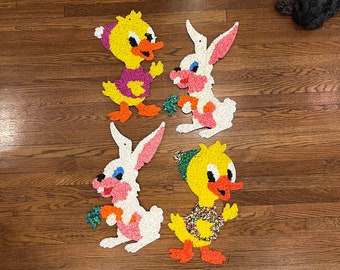 1970s Melted Plastic Popcorn Springtime Decorations - Choices of Yellow Duckies & White Rabbits with Pink Ears!