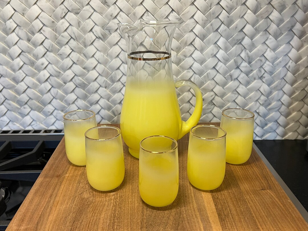 MCM Blendo Sunshine Yellow Pitcher, 5 Juice Glasses, Cocktail