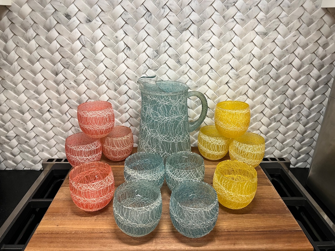 MCM Roly Poly Mid-century Color Craft Spaghetti Sting Pitcher and 12 ...