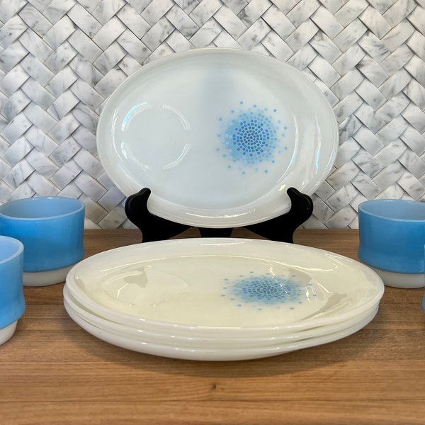 Vintage 1960s Anchor Hocking Fire King Blue & White Mosaic Snack Set Including 4 Oval Plates and 4 Cups