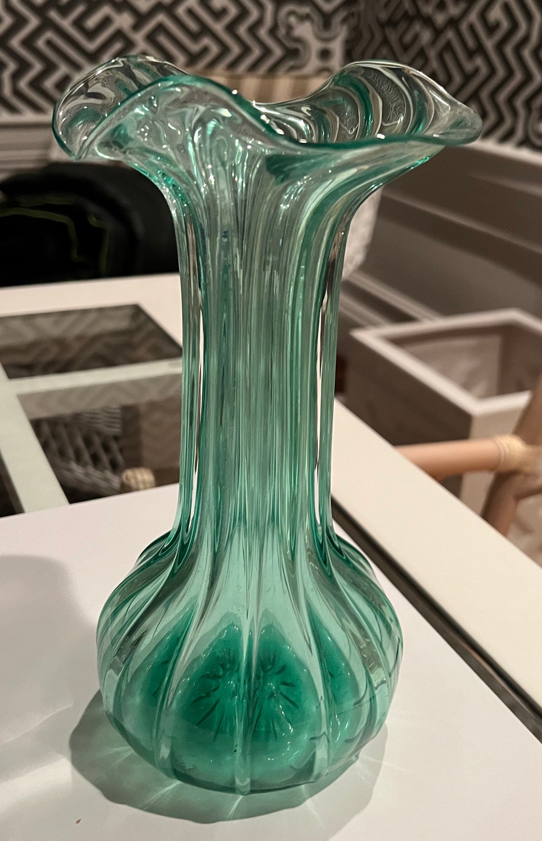 Vintage Green Glass Flower Vase With Intricate Detiails Etsy