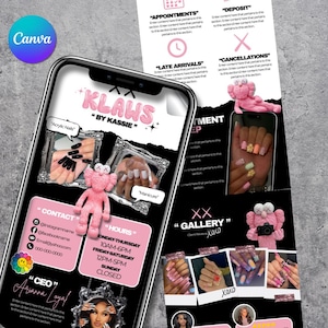 Könnte beinhalten: Ein schwarz-weißer Telefonbildschirm mit einer pink-schwarzen Grafik eines Cartoon-Monsters. Der Telefonbildschirm zeigt eine Visitenkarte für einen Nagelstudio namens "Klaws" by Kassie. Die Visitenkarte enthält Kontaktinformationen, Öffnungszeiten und eine Galerie von Nageldesigns.