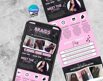 Può includere: Un volantino nero e rosa con il testo "Braids by A'rianna" e "Meet the Braider". Il volantino include anche un programma di apertura e una sezione per la preparazione degli appuntamenti.