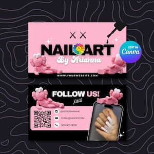 DIY Nail Tech Visitenkarte, Vorgefertigte KAWS inspiriert Visitenkarte Vorlage, Wimpern, Make Up, Nägel, Haare, Canva Template, Business Card Design