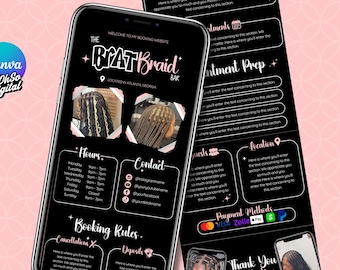 Può includere: Schermo di telefono cellulare in bianco e nero che mostra un annuncio per un salone di trecce chiamato "The Braided Bar". L'annuncio include gli orari di apertura del salone, le informazioni di contatto, le regole di prenotazione e i metodi di pagamento. Il salone si trova ad Atlanta, Georgia.