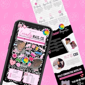 May include: A black and white graphic design for a nail salon called "Lovely Nail Co." with a pink and white flower graphic, a smiley face, and a lightning bolt. The graphic also includes the text "Welcome to Lovely Nail Co." and "Located in Acworth, GA".