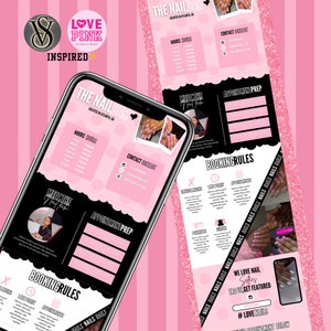 Puede incluir: La pantalla de un teléfono móvil rosa y negro que muestra un sitio web para un salón de manicura llamado "The Nail Bar". El sitio web incluye información sobre el horario del salón, información de contacto, reglas de reserva y preparación para citas. El sitio web también presenta una foto de una mujer con uñas rosas y blancas.