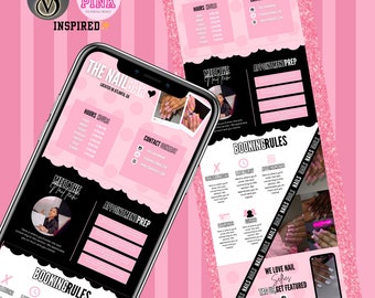 May include: A pink and black mobile phone screen displaying a website for a nail salon called "The Nail Bar". The website includes information about the salon's hours, contact information, booking rules, and appointment prep. The website also features a photo of a woman with pink and white nails.