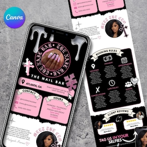 May include: A smartphone screen displays a black and pink advertisement for "The Nail Bar" in Atlanta, GA. The design includes contact information, hours, booking rules, and client reviews. The design features a cross and a photo of a woman.