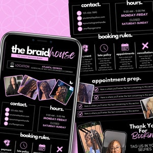 Peut inclure: L'écran d'un téléphone portable noir et rose affichant une publicité pour un salon de coiffure appelé "The Braidhouse". La publicité comprend des coordonnées, des heures d'ouverture, des règles de réservation et des instructions de préparation aux rendez-vous. La publicité présente également des photos de femmes aux cheveux tressés.