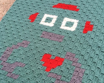 The "Beep" stroller/lap C2C blanket crochet pattern; easy to make unisex style robot baby blanket