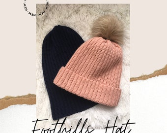 Foothills Hat crochet pattern, unisex style, ribbed toque, slouchy or brimmed