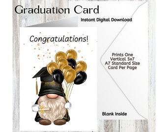 Felicitaciones Graduación/Tarjeta de descarga digital imprimible/Globos de gnomo/Tarjeta 5x7 (A7)/Interior en blanco/Impresiones una por página