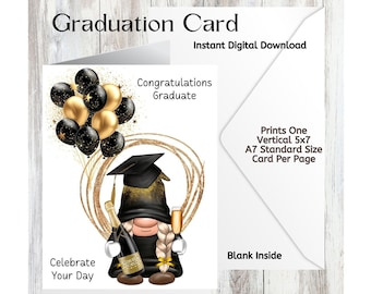 Felicitaciones Día de celebración de graduación/Tarjeta de descarga digital imprimible/Girl Gnome/Tarjeta 5x7 (A7)/Interior en blanco/Impresiones una por página