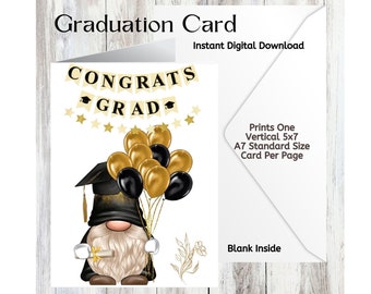 Felicitaciones Graduación/Tarjeta de descarga digital imprimible/Gnome/Tarjeta 5x7 (A7)/Interior en blanco/Impresiones una por página