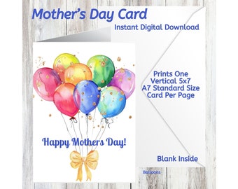 Feliz Día de la Madre/Tarjeta de descarga digital imprimible/Globos de colores /Tarjeta 5x7 (A7)/Interior en blanco/Impresiones una por página