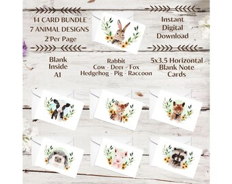 Paquete de 14 tarjetas/7 diseños/Tarjetas de notas de color animal de acuarela/Descarga digital imprimible/Tarjeta 5x3.5 (A1)/Interior en blanco/Impresiones dos por página